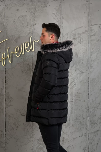 SLİMFİT KAPŞONLU İÇİ ASTARLI ERKEK SPOR KAPİTONE MONT - 4