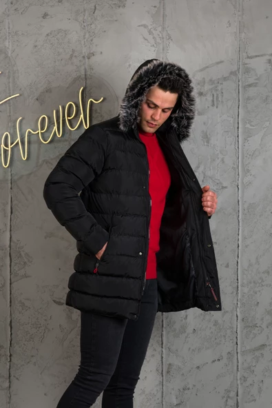 SLİMFİT KAPŞONLU İÇİ ASTARLI ERKEK SPOR KAPİTONE MONT - 2