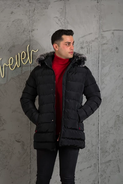 SLİMFİT KAPŞONLU İÇİ ASTARLI ERKEK SPOR KAPİTONE MONT - 3