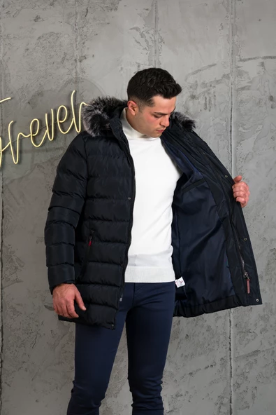 SLİMFİT KAPŞONLU İÇİ ASTARLI ERKEK SPOR KAPİTONE MONT - 6