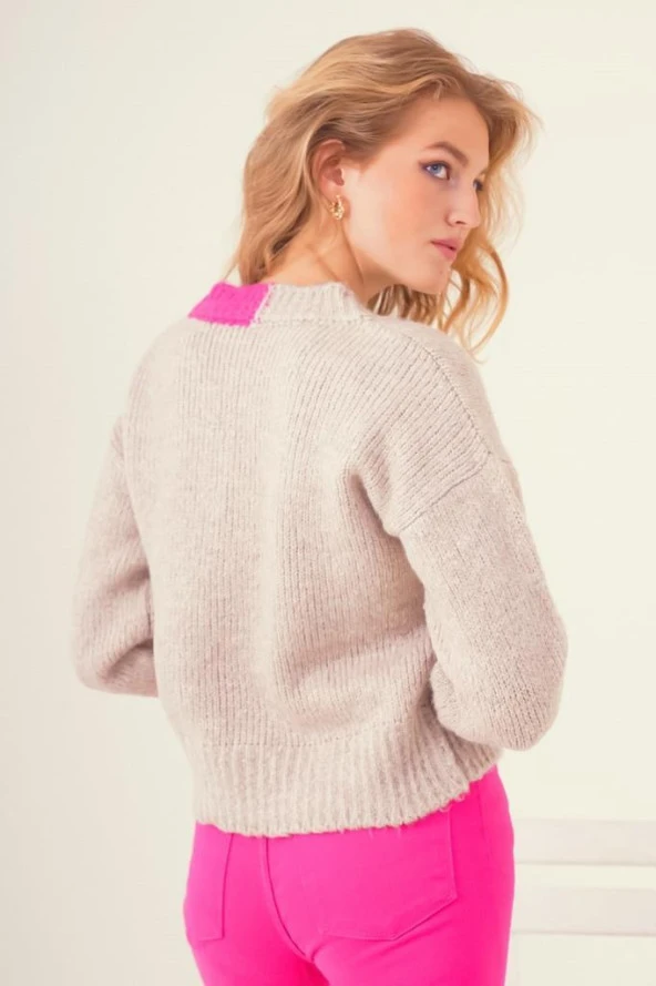 Hipatu Kadın V Yaka Detay Örgü Kazak - Fuşya - 8