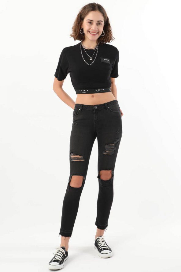 Kadın Düşük Bel Yırtık Detaylı Skinny Fit Jean Pantolon Siyah