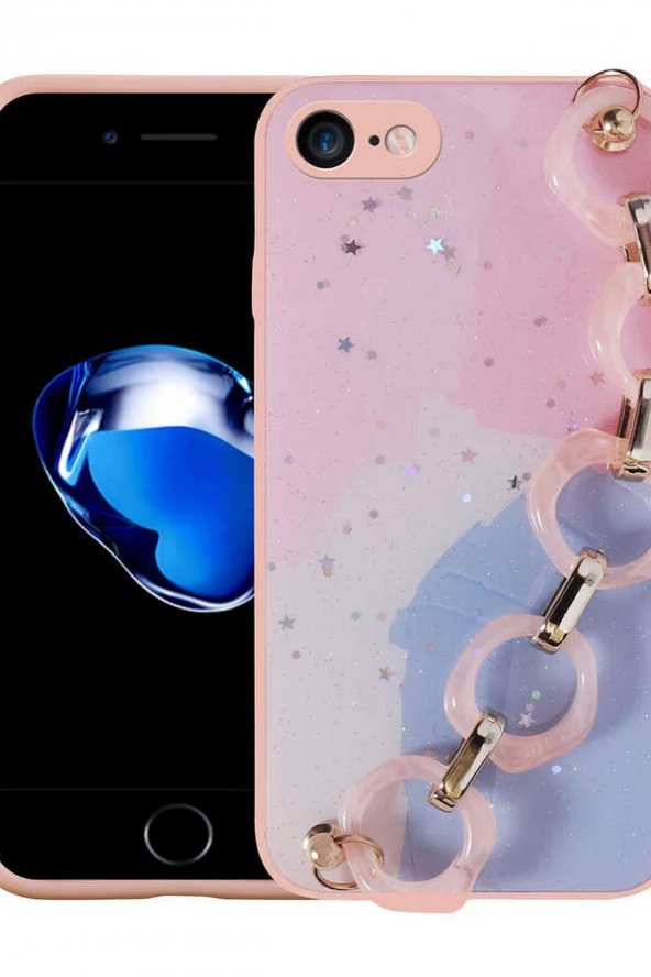 Apple iPhone SE 2022 Kılıf Simli Desenli El Askılı Tutacaklı Elsa Silikon Kapak