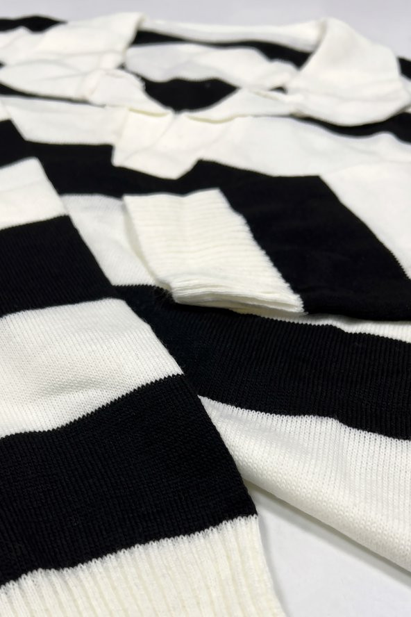 Lugmo Polo Yaka Çizgili Triko Kazak Siyah - 3