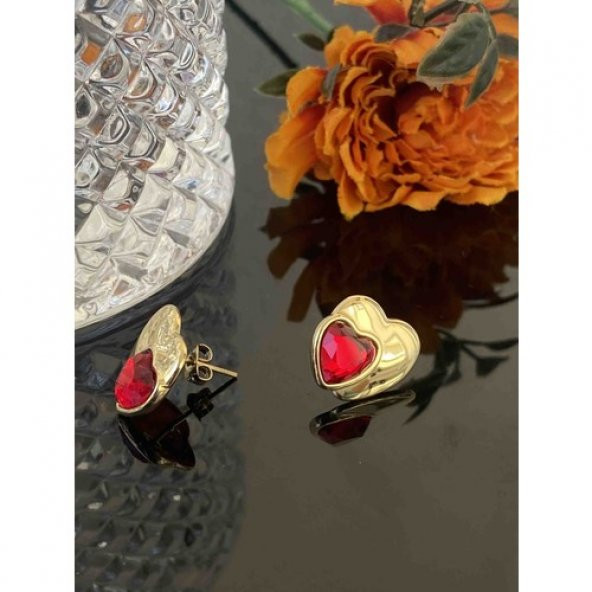 Aksesuar Çarşisi Kırmızı Zirkon Taşlı Kalp Tasarımlı Küpe - Resim 3
