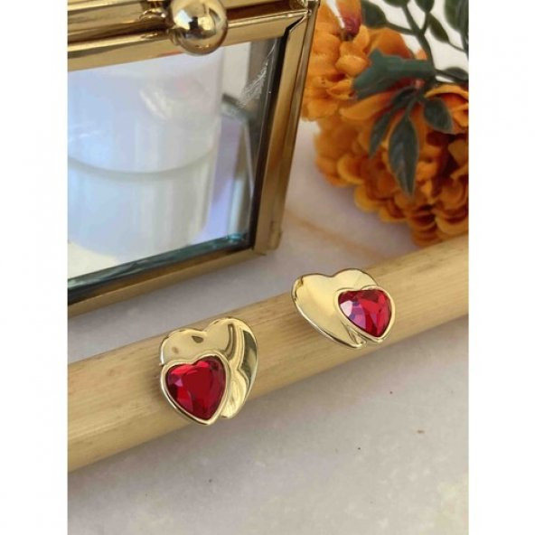 Aksesuar Çarşisi Kırmızı Zirkon Taşlı Kalp Tasarımlı Küpe - Resim 4