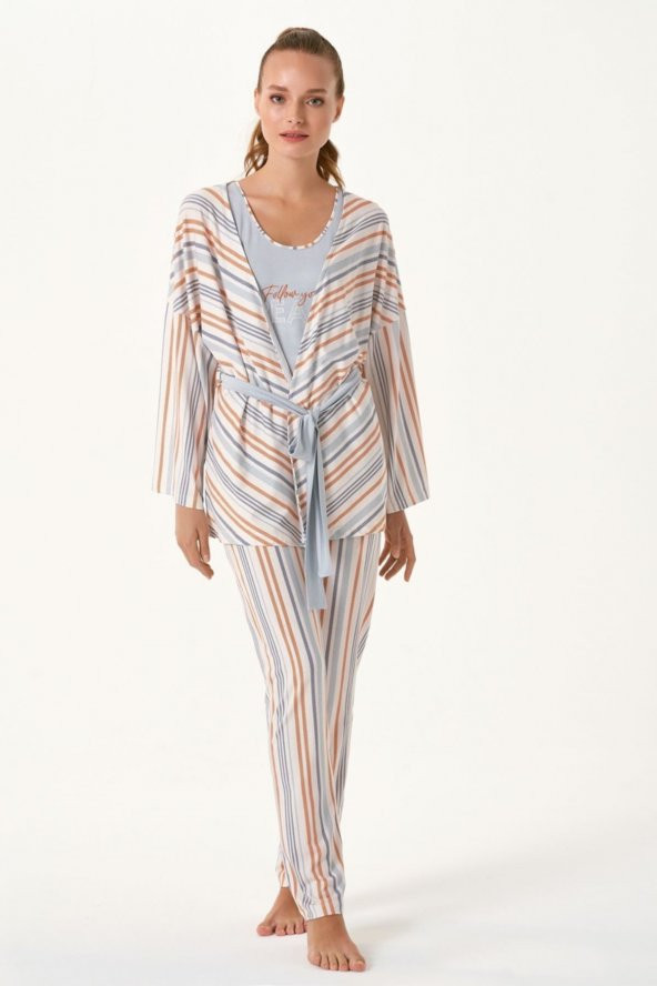 Balık Sırtı Çizgili Sabahlıklı Pijama Takımı - 2