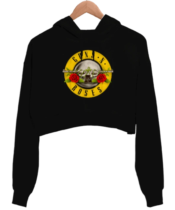 Guns N Roses Baskılı Siyah Kadın Crop Hoodie Kapüşonlu Sweatshirt