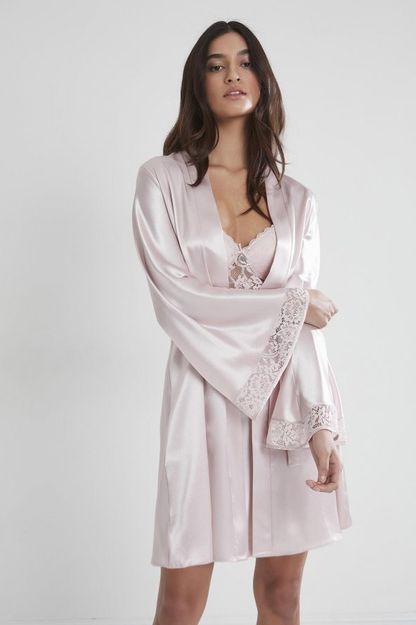 Saten Dantelli Gecelik & Sabahlık Takım - Resim 3