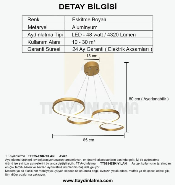 TT Aydınlatma TT025-ESK  Yılan Modeli Eskitme Boyalı Led Avize - Resim 4