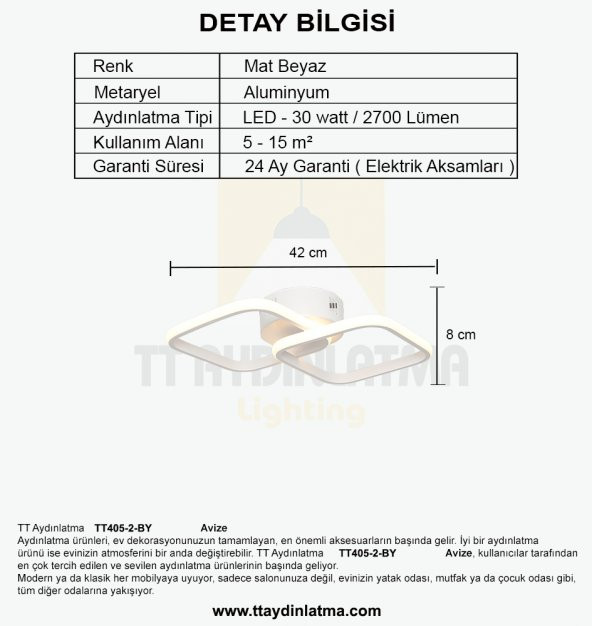 TT Aydınlatma TT405-2-BY Mat Beyaz 2'li Kare LED Avize - Beyaz Işık - 4