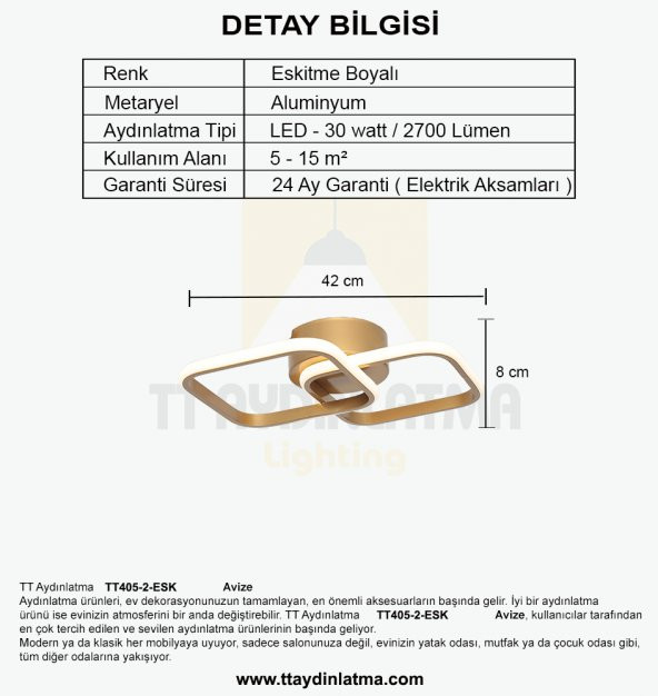 TT405-2-ESK TT Aydınlatma Eskitme Boyalı 2 li Kare Led Avize - 4