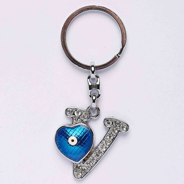 NAZAR BONCUKLU KROM VE TAŞLI( V HARFİ) ANAHTARLIK-/MDL-291 ürün görseli 1