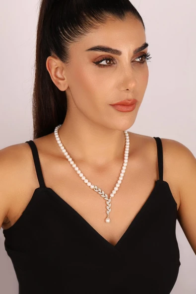 Birinci1926 14 Ayar Altın  Kadın Yaprak Taşlı İnci Kolye