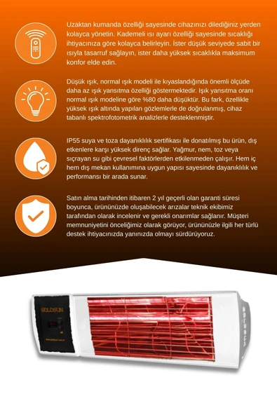 Goldsun Supra Plus 2000 Watt GSS20PLG Düşük Işık Kumandalı Suya Dayanıklı Elektrikli İnfrared Isıtıcı-Beyaz - Resim 3