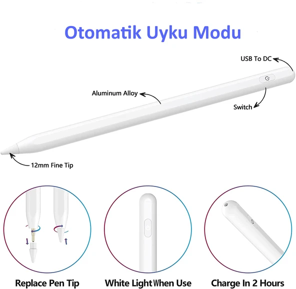 Apple iPad 12.9 (6.Nesil) Uyumlu Avuç İçi Algılamayan Eğimle Çizim Kalınlığı Değişen Stylus Kalem - Resim 4