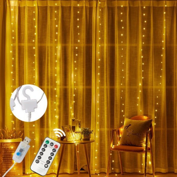 Peri Telli Led Perde Led Işık Kumandalı 300 Ledli 3X3 Metre Usbli 8 Animasyonlu Günışığı