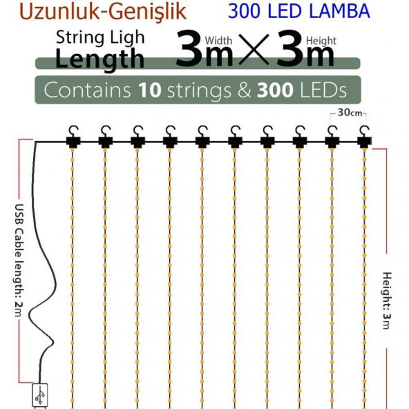 Peri Telli Led Perde Led Işık Kumandalı 300 Ledli 3X3 Metre Usbli 8 Animasyonlu Günışığı - 10