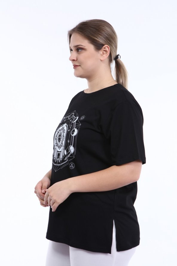 PianoLuce Kadın Büyük Beden Baskılı Yarım Kol T-shirt Siyah PLWM21TS010 - 2