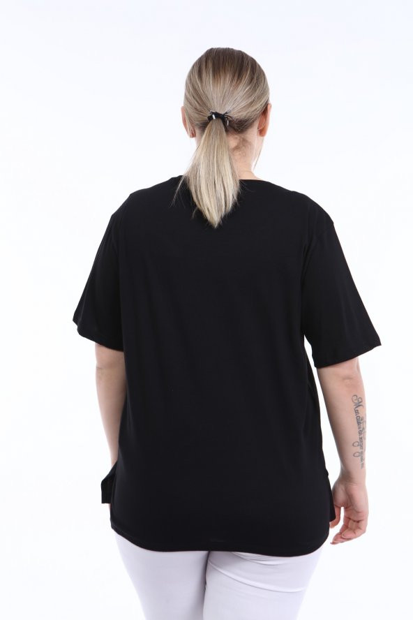 PianoLuce Kadın Büyük Beden Baskılı Yarım Kol T-shirt Siyah PLWM21TS010 - 4