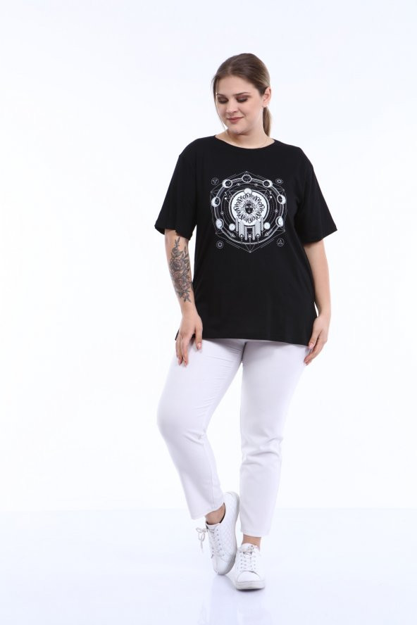 PianoLuce Kadın Büyük Beden Baskılı Yarım Kol T-shirt Siyah PLWM21TS010 - 5