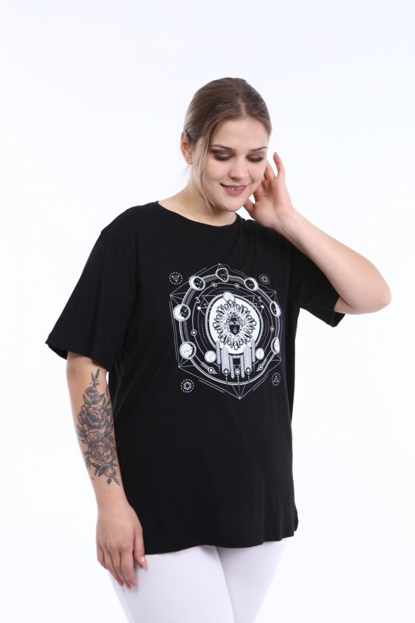 PianoLuce Kadın Büyük Beden Baskılı Yarım Kol T-shirt Siyah PLWM21TS010 - 6