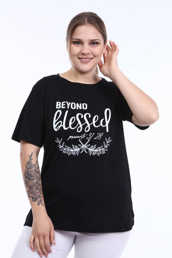 PianoLuce Kadın Büyük Beden Baskılı Yarım Kol T-shirt Siyah PLWM21TS007