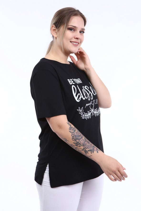 PianoLuce Kadın Büyük Beden Baskılı Yarım Kol T-shirt Siyah PLWM21TS007 - 2
