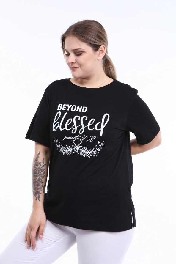 PianoLuce Kadın Büyük Beden Baskılı Yarım Kol T-shirt Siyah PLWM21TS007 - 3