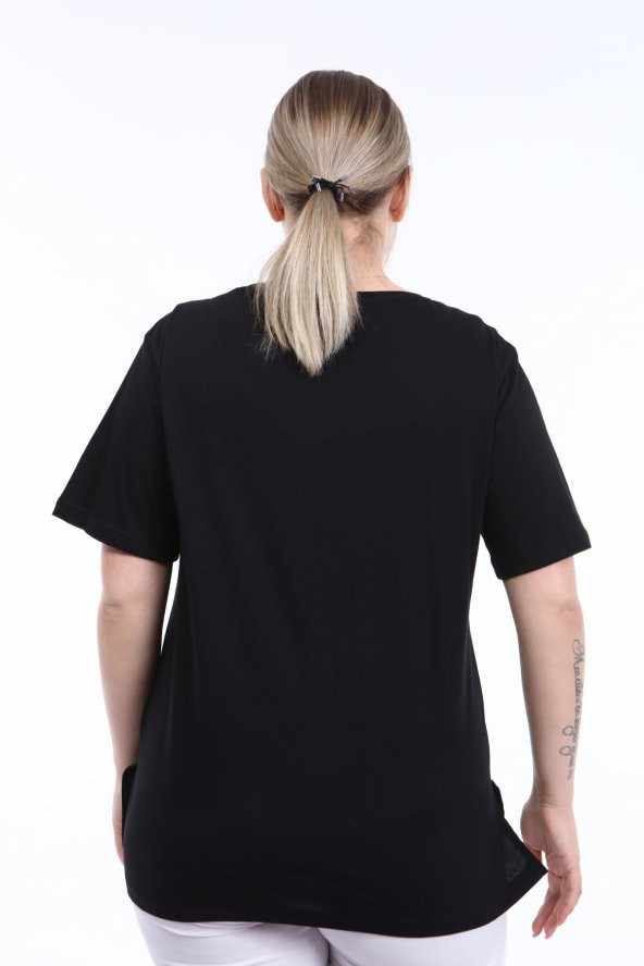PianoLuce Kadın Büyük Beden Baskılı Yarım Kol T-shirt Siyah PLWM21TS007 - 4