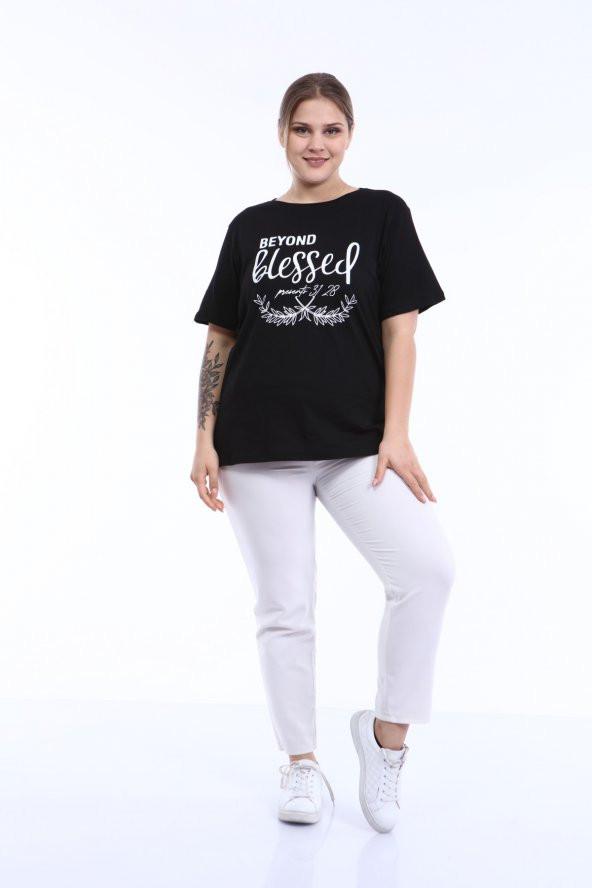 PianoLuce Kadın Büyük Beden Baskılı Yarım Kol T-shirt Siyah PLWM21TS007 - 5