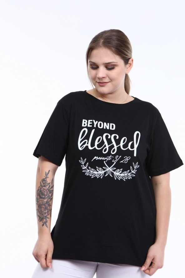 PianoLuce Kadın Büyük Beden Baskılı Yarım Kol T-shirt Siyah PLWM21TS007 - 6