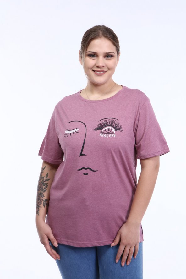 PianoLuce Kadın Büyük Beden Baskılı Yarım Kol T-shirt Açıkbordo PLWM21TS001