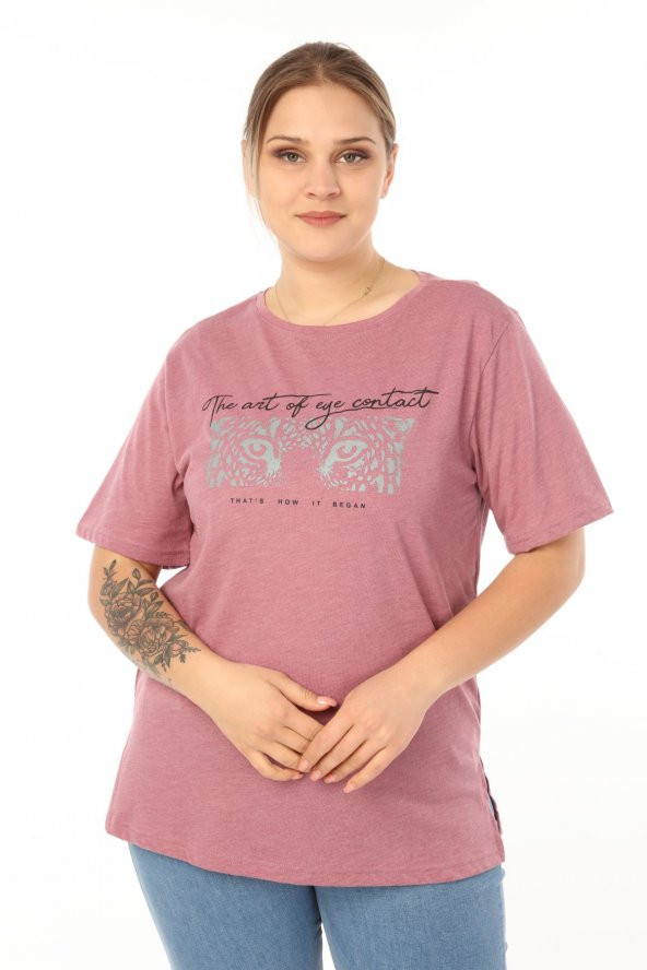 PianoLuce Kadın Büyük Beden Baskılı Yarım Kol T-shirt Açıkbordo PLWM21TS002