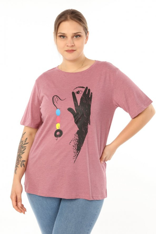PianoLuce Kadın Büyük Beden Baskılı Yarım Kol T-shirt Açıkbordo PLWM21TS005