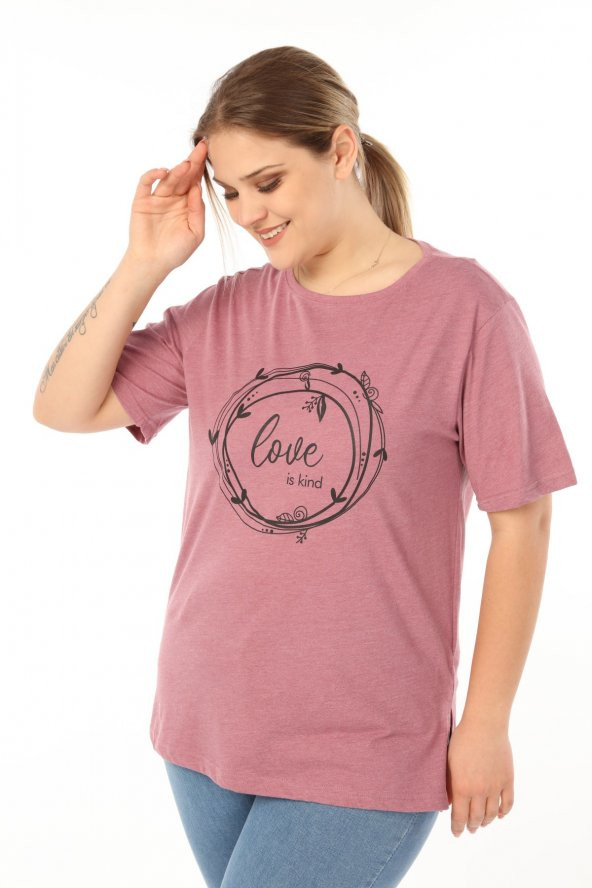 PianoLuce Kadın Büyük Beden Baskılı Yarım Kol T-shirt Açıkbordo PLWM21TS006 - 2