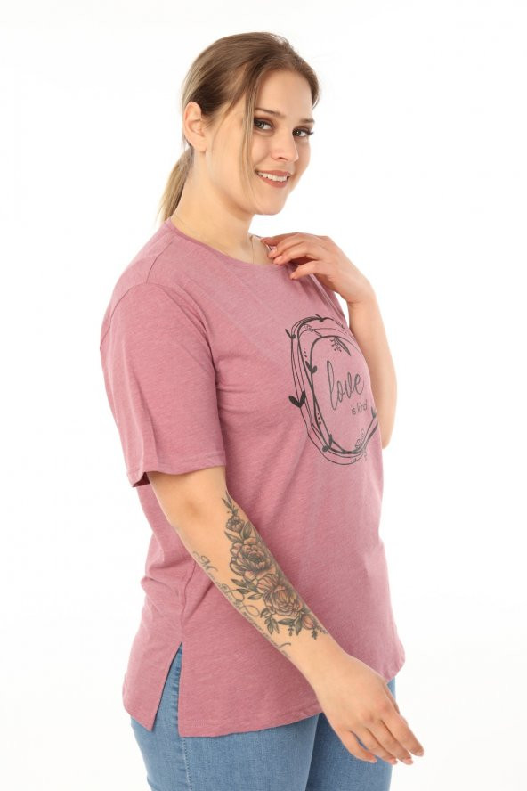 PianoLuce Kadın Büyük Beden Baskılı Yarım Kol T-shirt Açıkbordo PLWM21TS006 - 3