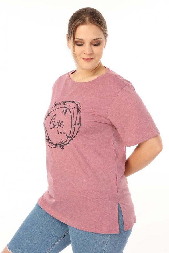 PianoLuce Kadın Büyük Beden Baskılı Yarım Kol T-shirt Açıkbordo PLWM21TS006 - 4