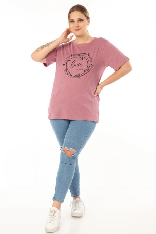 PianoLuce Kadın Büyük Beden Baskılı Yarım Kol T-shirt Açıkbordo PLWM21TS006 - 6