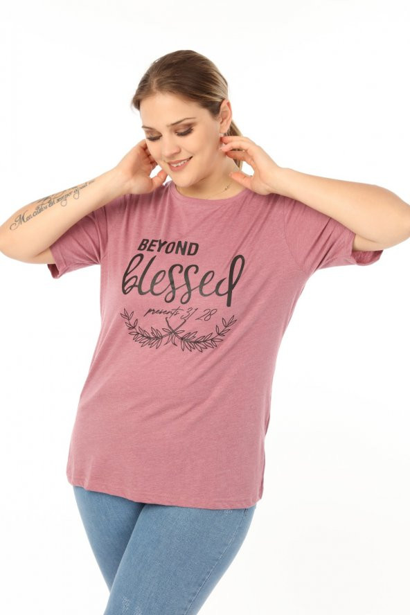 PianoLuce Kadın Büyük Beden Baskılı Yarım Kol T-shirt Açıkbordo PLWM21TS007 - 2