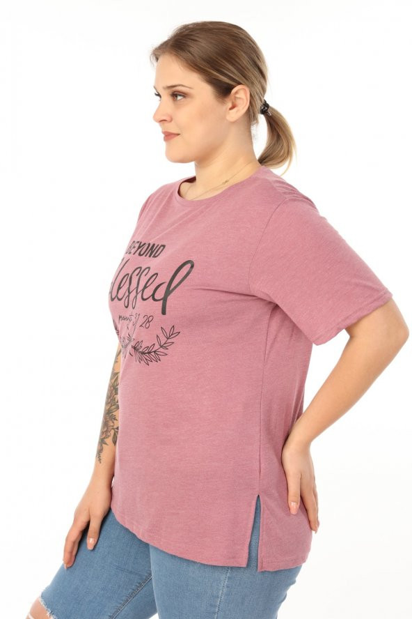 PianoLuce Kadın Büyük Beden Baskılı Yarım Kol T-shirt Açıkbordo PLWM21TS007 - 4