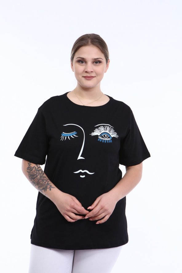 PianoLuce Kadın Büyük Beden Baskılı Yarım Kol T-shirt Siyah PLWM21TS001