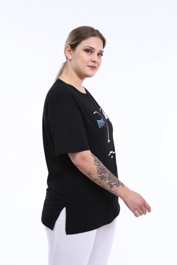 PianoLuce Kadın Büyük Beden Baskılı Yarım Kol T-shirt Siyah PLWM21TS001 - 3