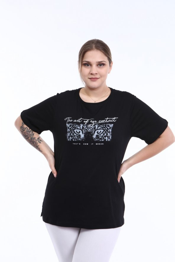 PianoLuce Kadın Büyük Beden Baskılı Yarım Kol T-shirt Siyah PLWM21TS002