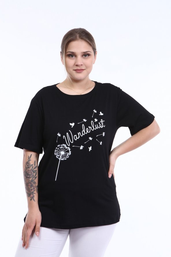 PianoLuce Kadın Büyük Beden Baskılı Yarım Kol T-shirt Siyah PLWM21TS004