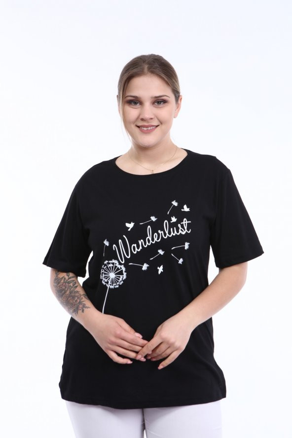 PianoLuce Kadın Büyük Beden Baskılı Yarım Kol T-shirt Siyah PLWM21TS004 - 2