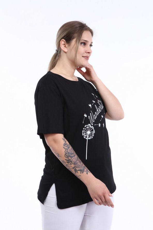 PianoLuce Kadın Büyük Beden Baskılı Yarım Kol T-shirt Siyah PLWM21TS004 - 3