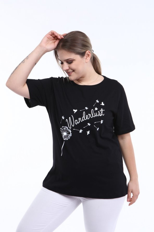 PianoLuce Kadın Büyük Beden Baskılı Yarım Kol T-shirt Siyah PLWM21TS004 - 4