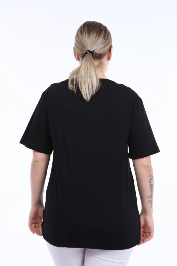 PianoLuce Kadın Büyük Beden Baskılı Yarım Kol T-shirt Siyah PLWM21TS004 - 5