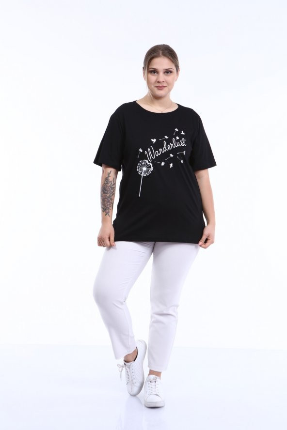 PianoLuce Kadın Büyük Beden Baskılı Yarım Kol T-shirt Siyah PLWM21TS004 - 6